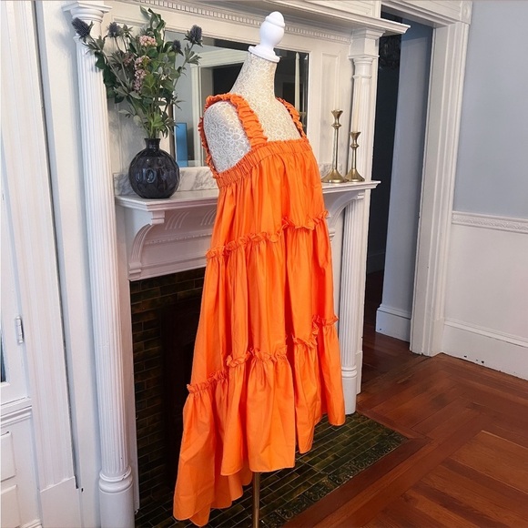 DEVOTION TWINS Bright Orange Cotton Poplin Sleeveless High-Lo Midi Dress OSFM - Picture 7 of 15